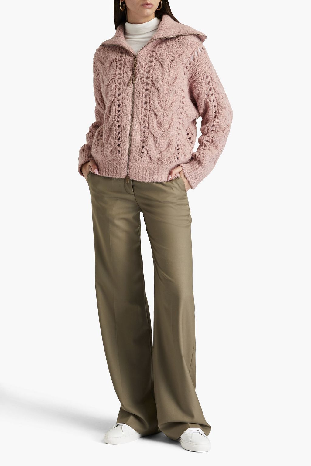 BRUNELLO CUCINELLI Cardigan aus einer Alpakamischung mit Zopfstrickmuster und Reißverschluss