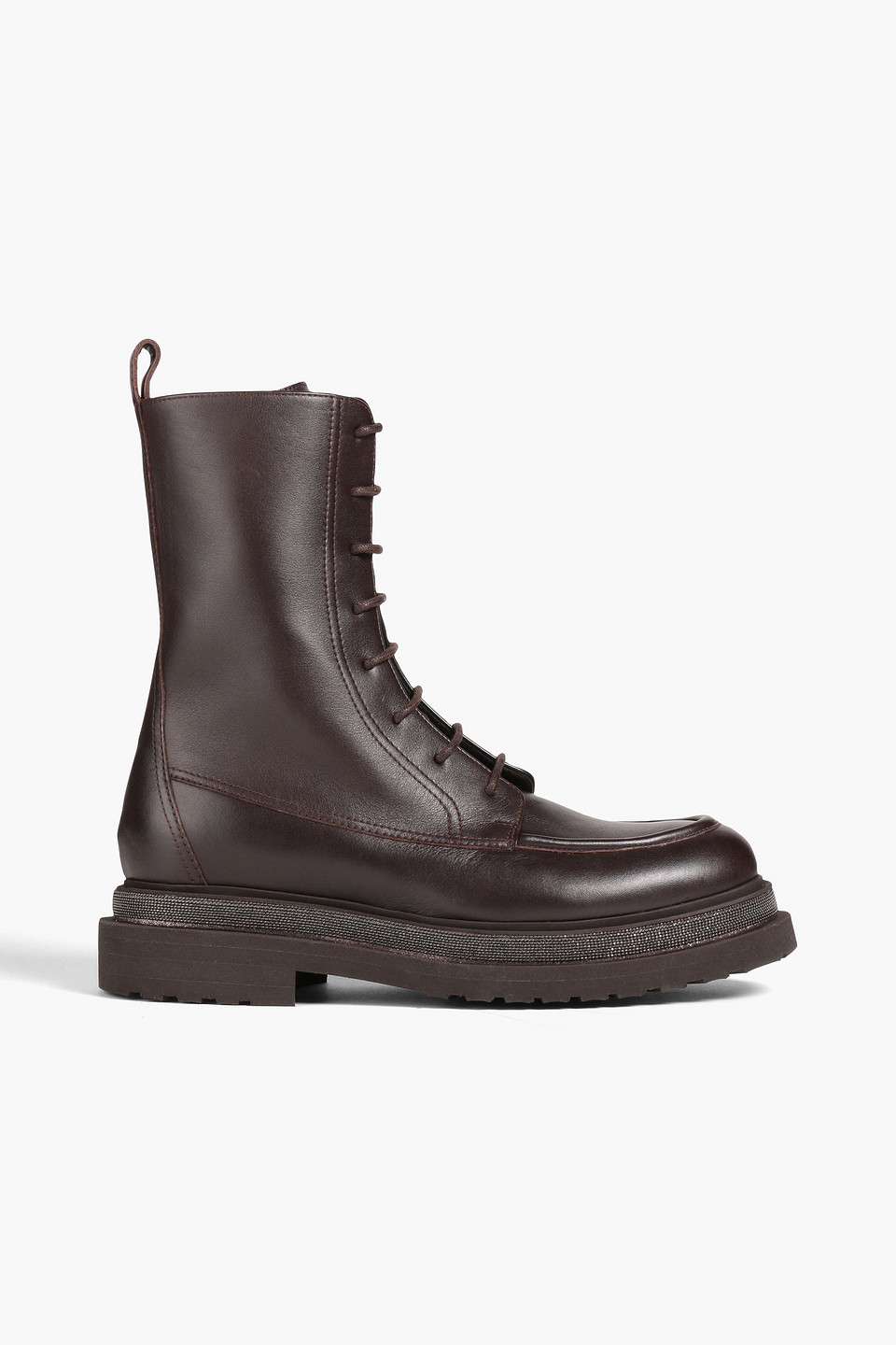 Brunello Cucinelli Bead-embellished Leather Combat Boots In Dark Brown