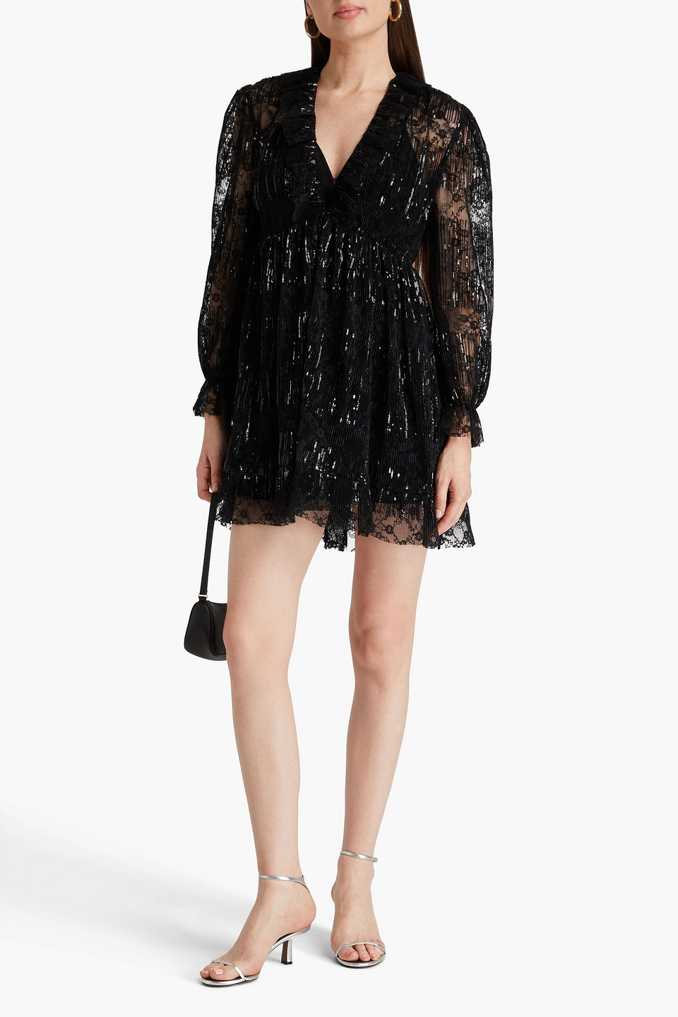 Shop Maje Sequin-embellished Lace Mini Dress In Black
