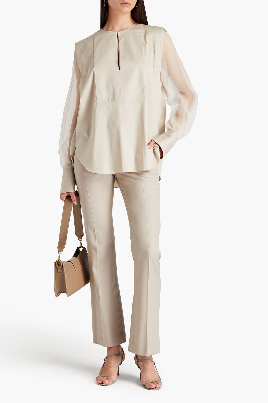 BRUNELLO CUCINELLI Bead-embellished cotton-blend poplin and organza blouse