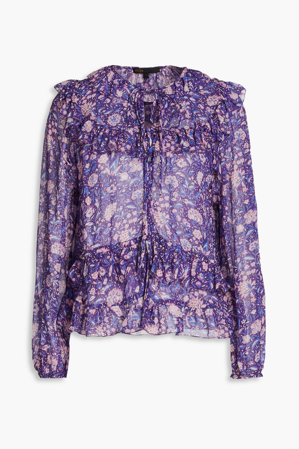 Maje Loleta Ruffled Floral-print Crepe De Chine Blouse In Purple