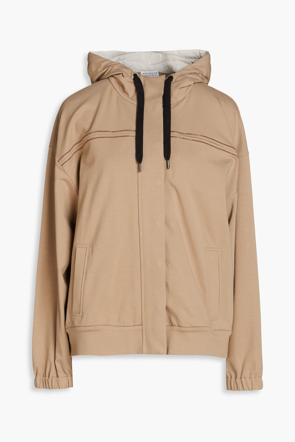 Brunello Cucinelli Hoodie Aus Baumwollfrottee Mit Zierperlen Und Reissverschluss In Neutral