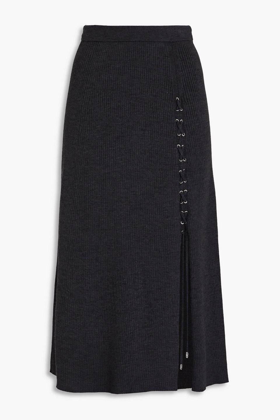 Maje Lace-up Ribbed-knit Midi Skirt In Gray