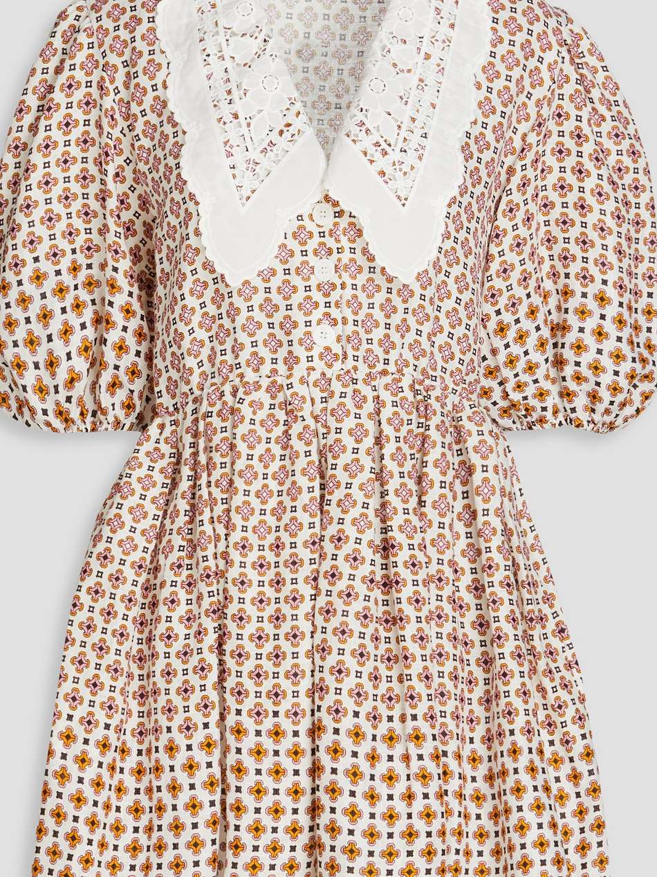 guipure lace-trimmed printed linen mini dress