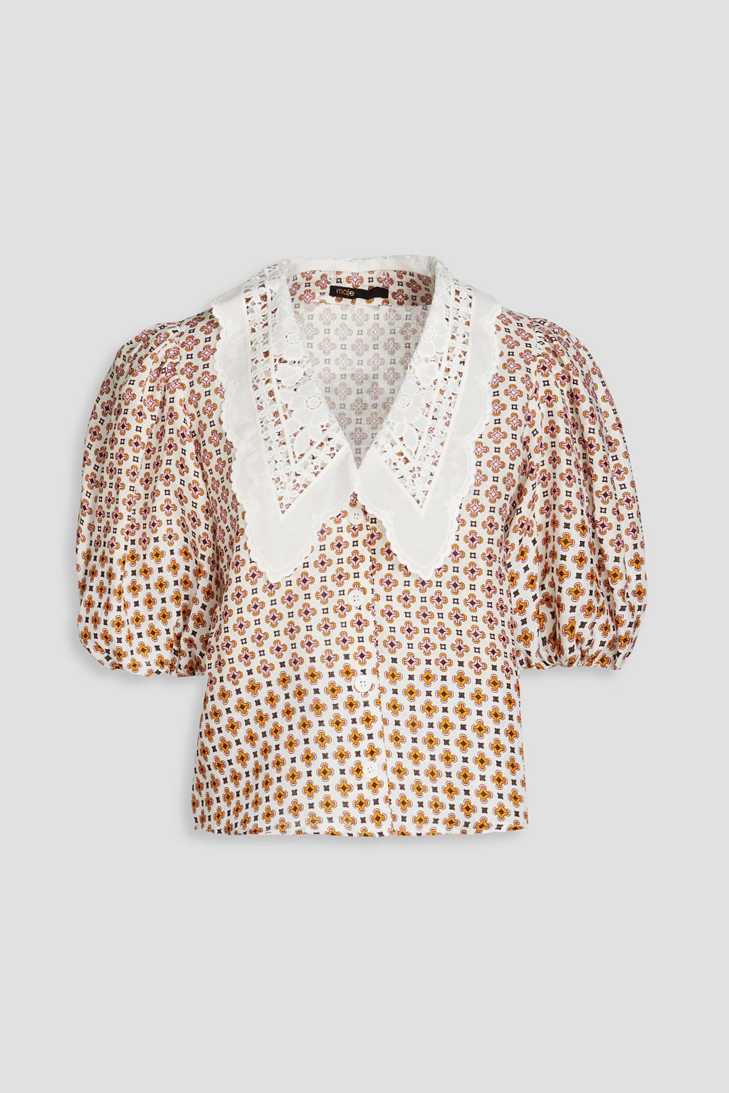MAJE Guipure lace trimmed printed linen blouse THE OUTNET