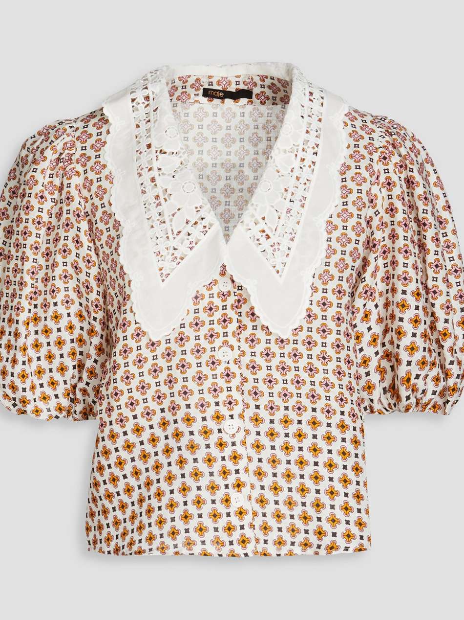 guipure lace-trimmed printed linen blouse