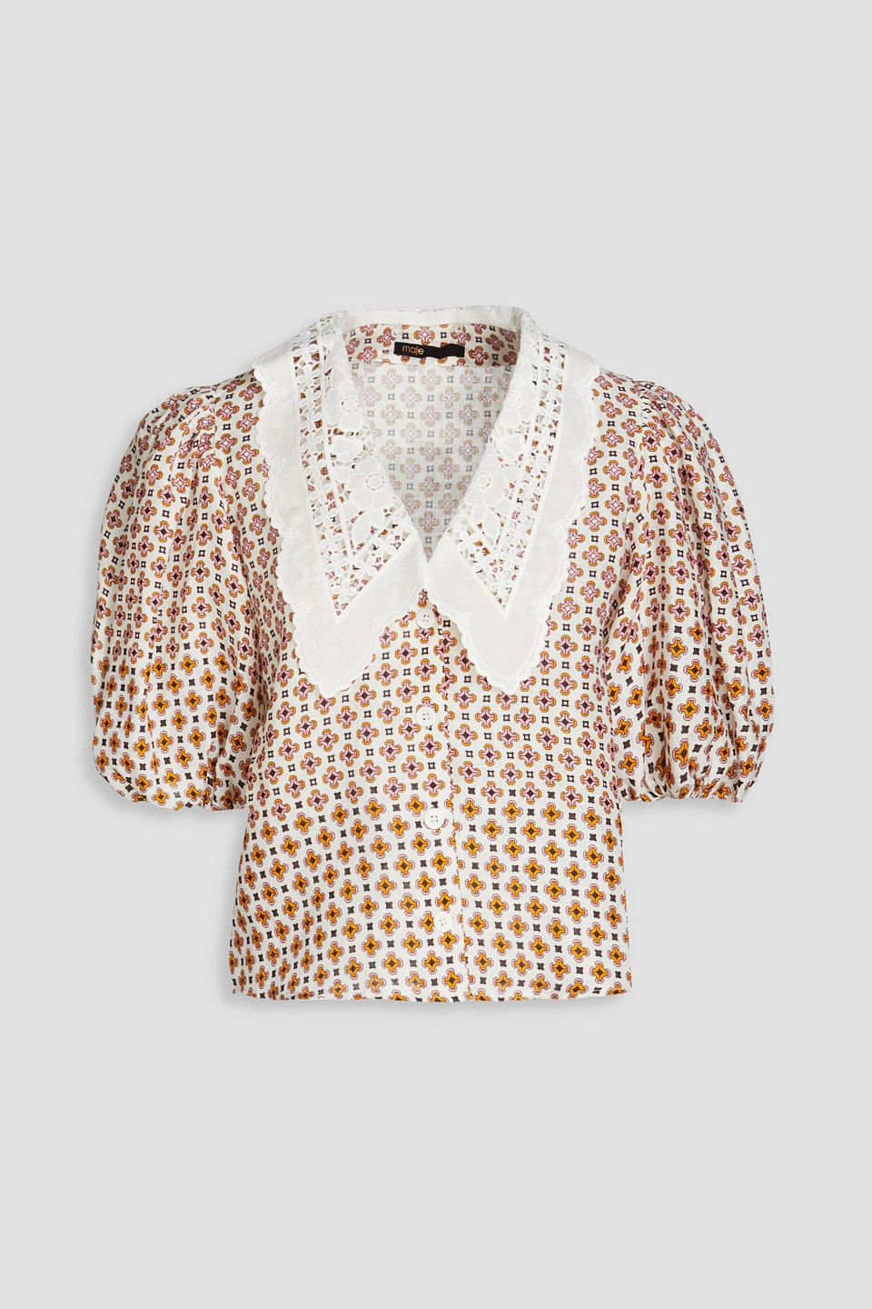 Maje Cosange Guipure Lace-trimmed Printed Linen Blouse In White