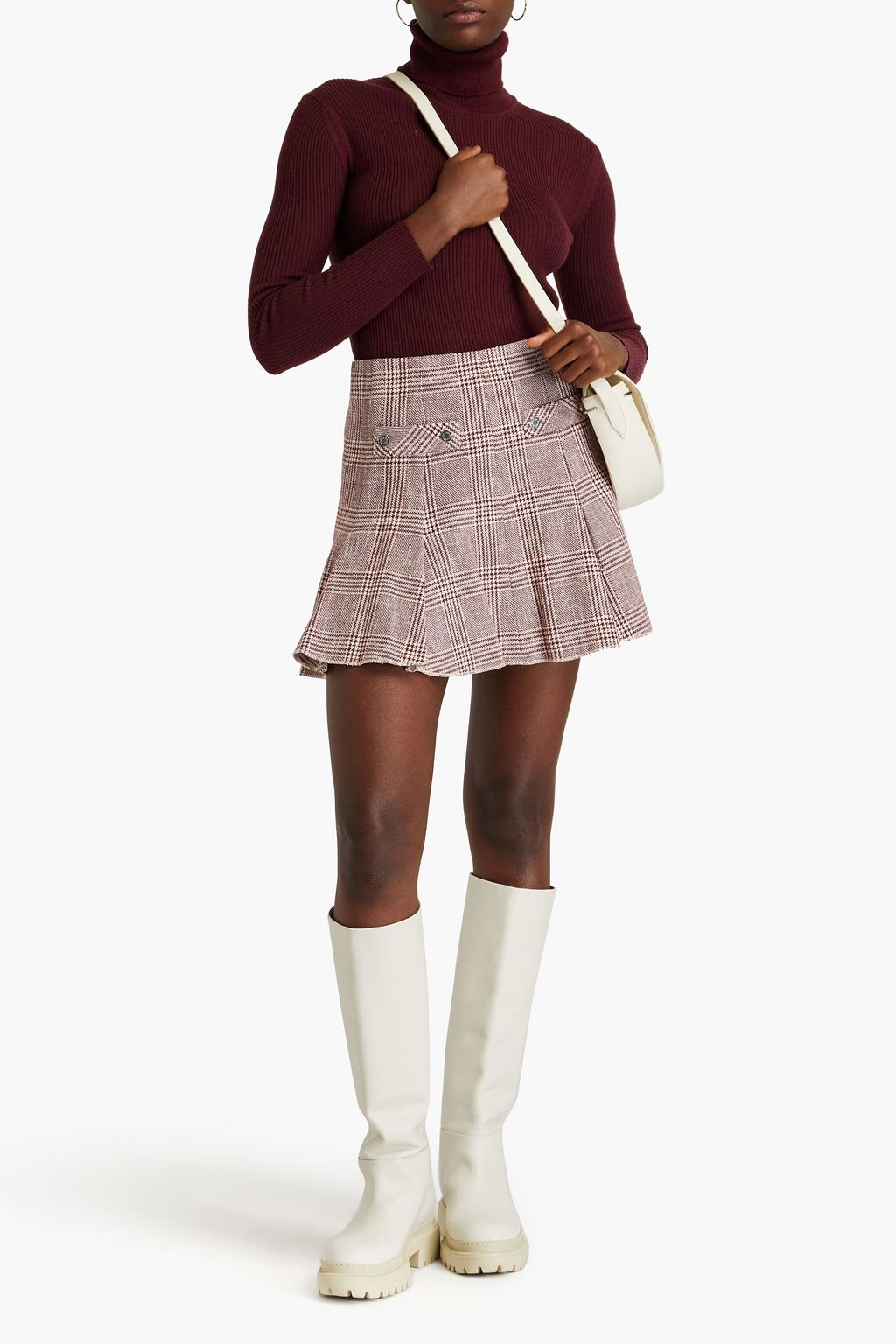 MAJE Button-embellished Prince of Wales checked cotton-blend tweed mini skirt