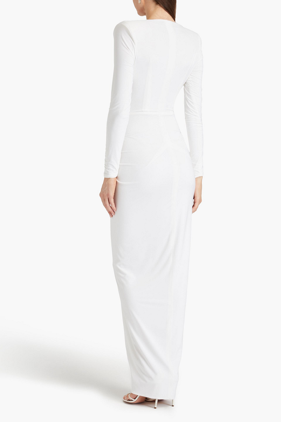 Shop Rhea Costa Wrap-effect Embellished Satin-jersey Gown In Ivory