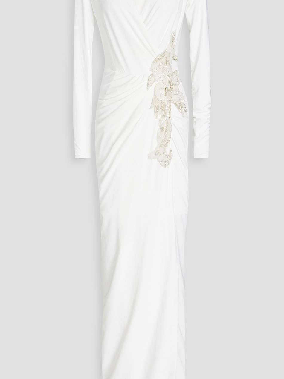 wrap-effect embellished satin-jersey gown