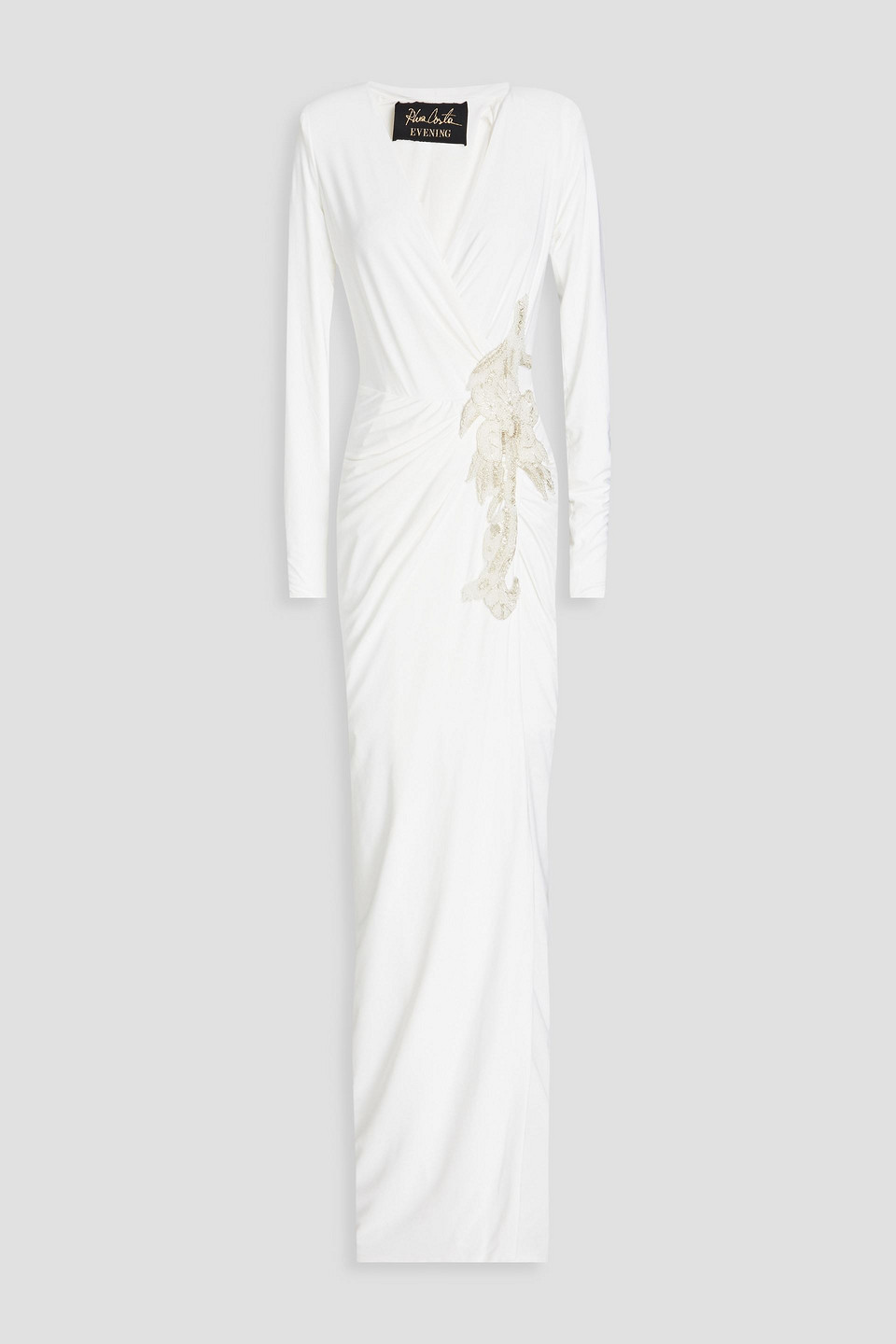 Embellished wrap-effect satin-jersey gown