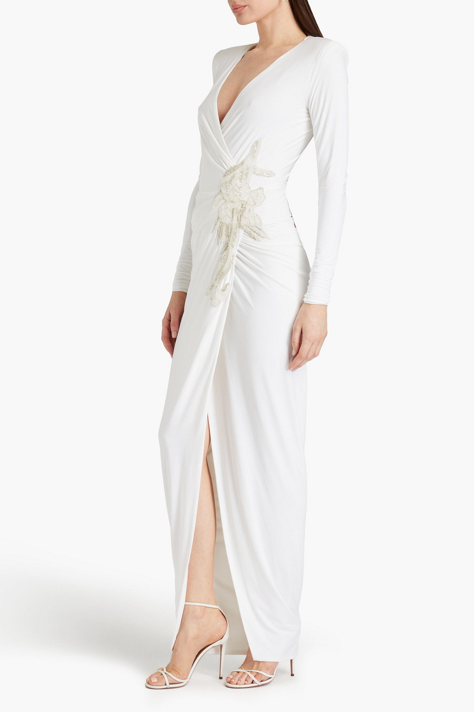 Shop Rhea Costa Wrap-effect Embellished Satin-jersey Gown In Ivory