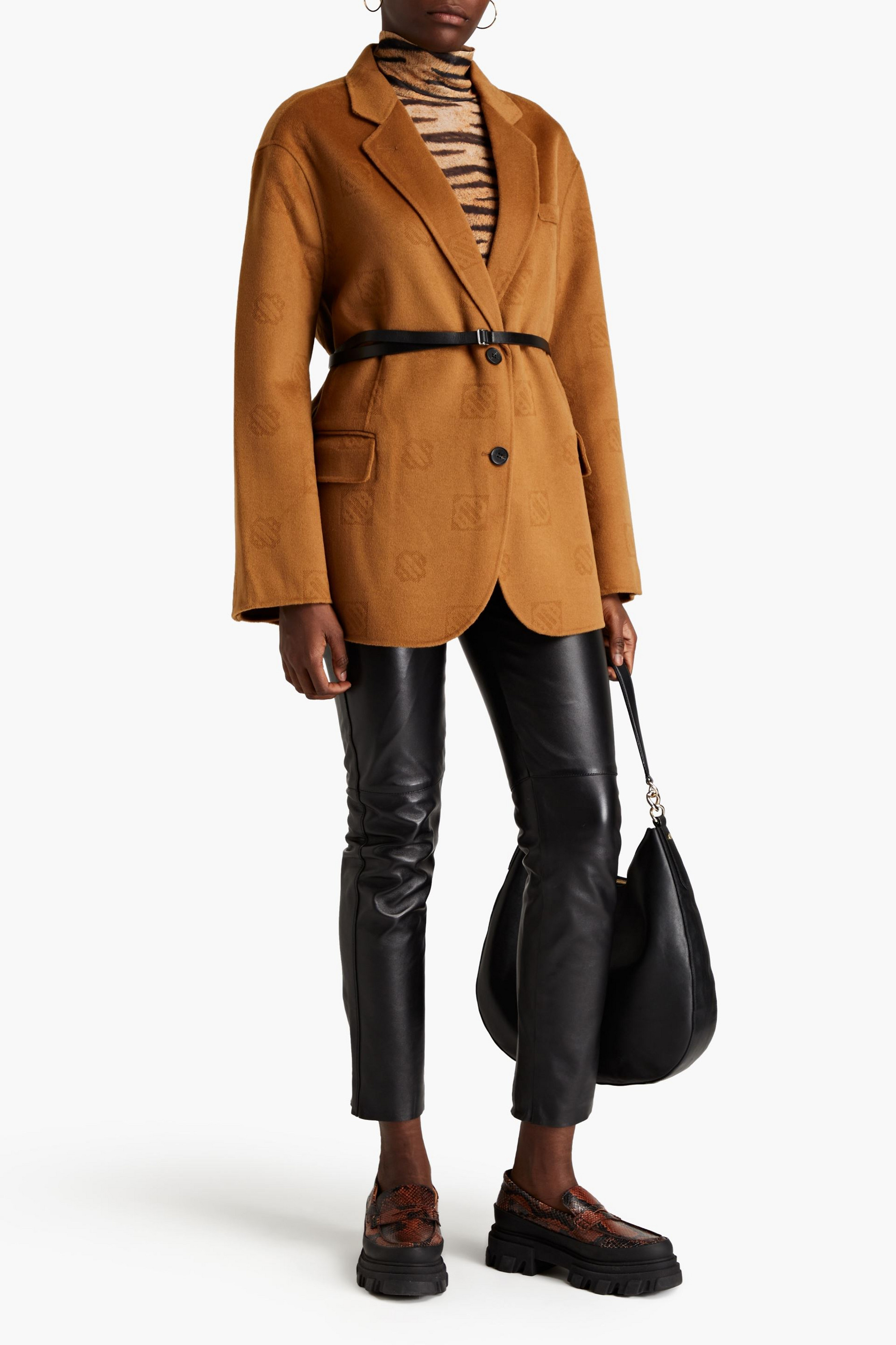 MAJE Belted wool-jacquard blazer