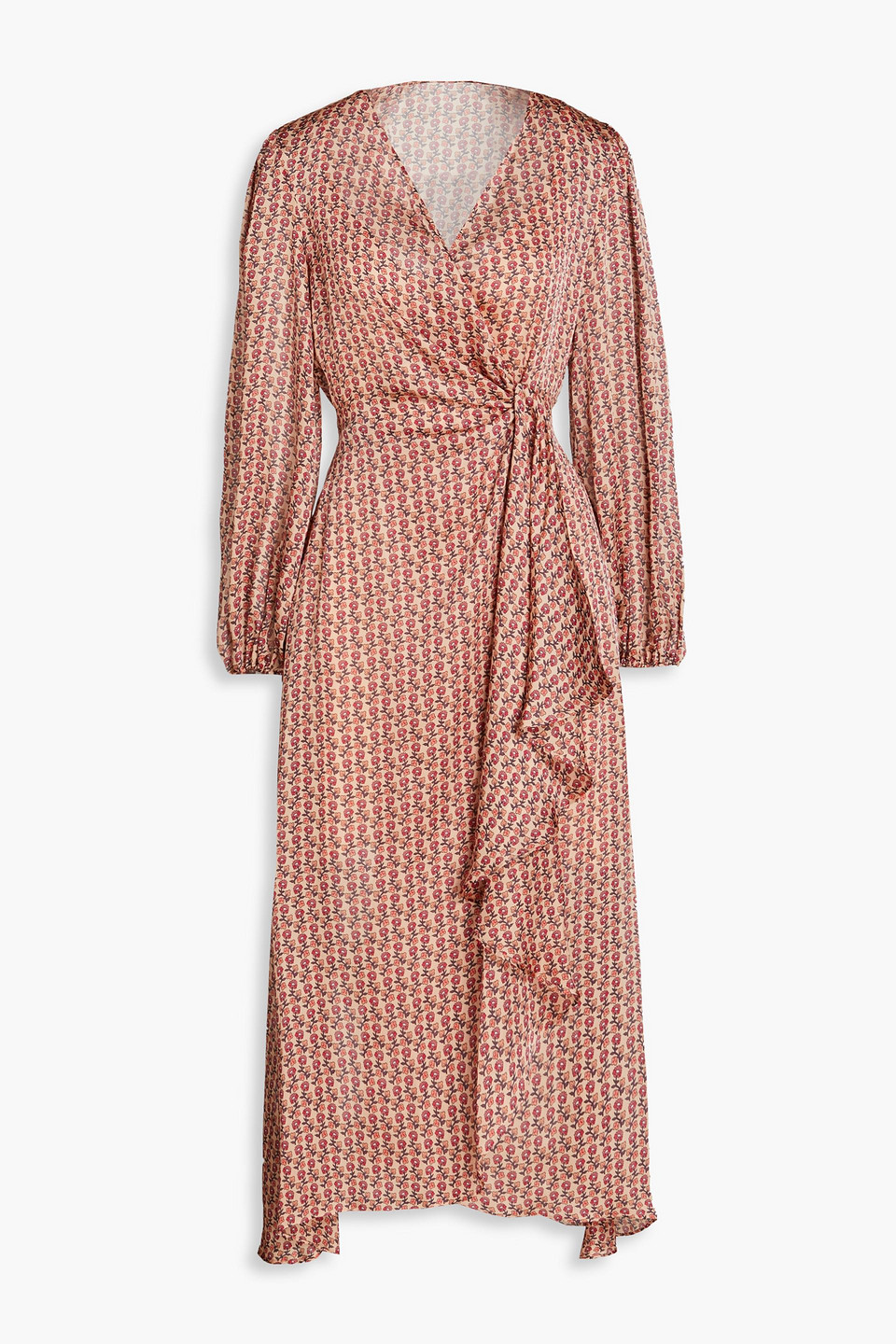 Maje Rolivate Wrap-effect Floral-print Satin Midi Dress In Peach