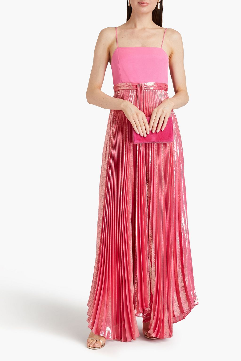 ALICE + OLIVIA Ottoman-paneled plissé-lamé gown