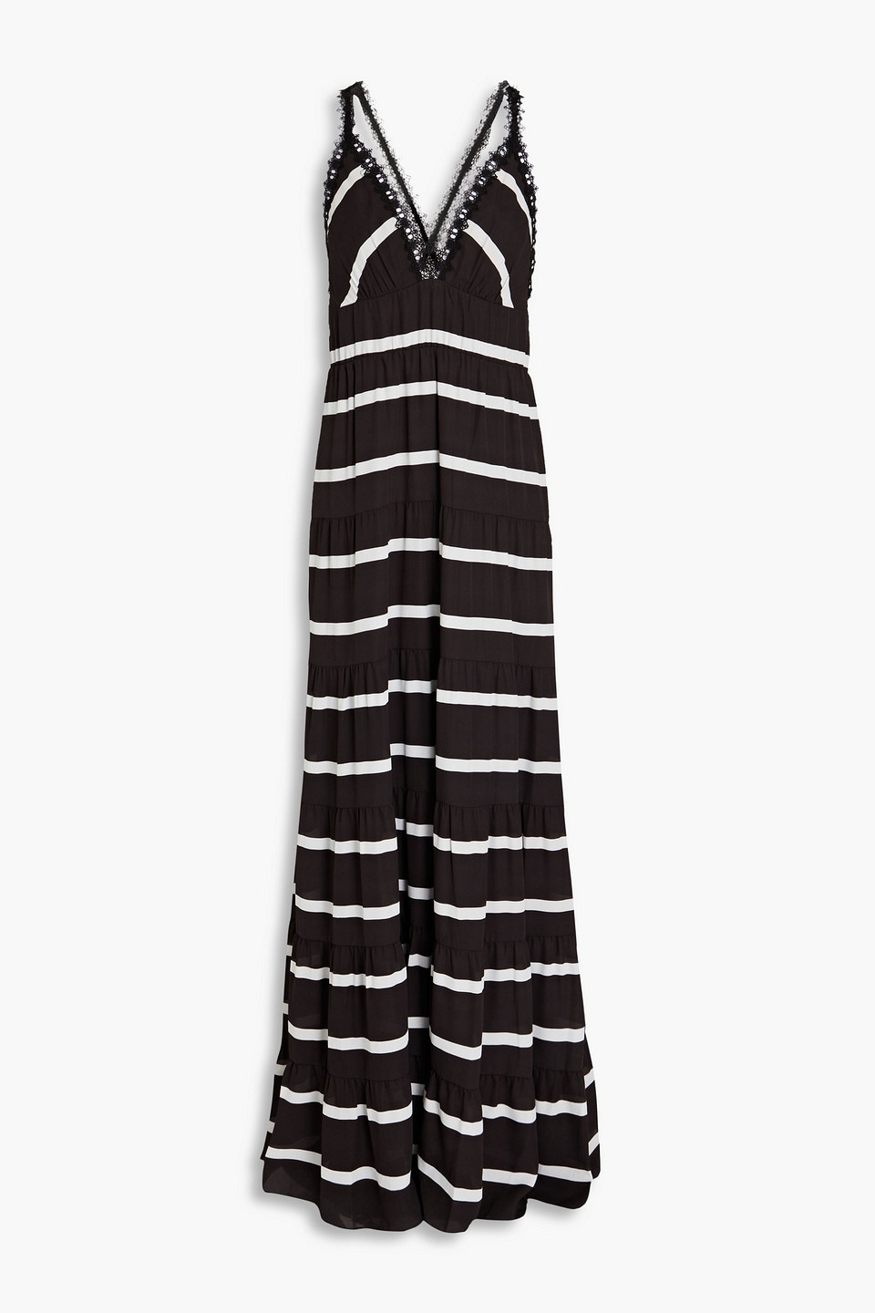 Alice And Olivia Tiered Striped Crepe De Chine Maxi Dress In Black