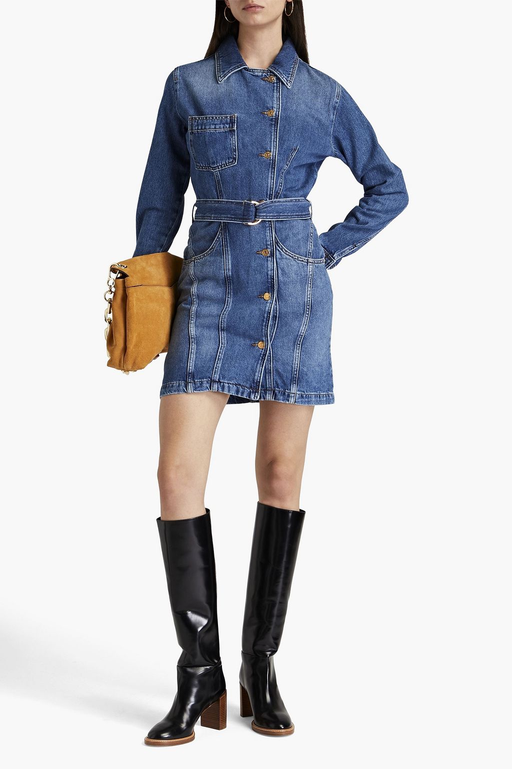 CLAUDIE PIERLOT Belted denim mini shirt dress