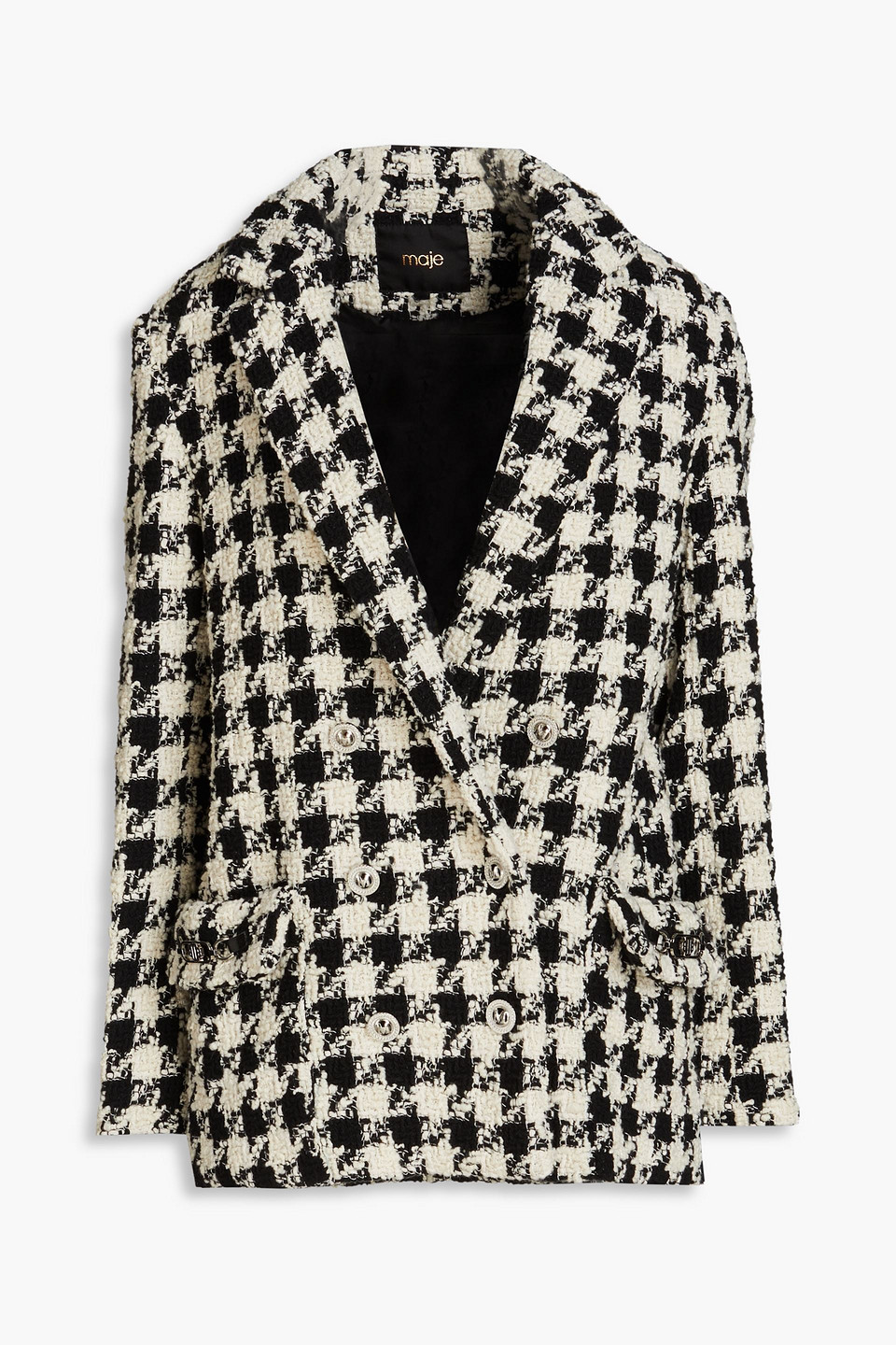 Shop Maje Vitritania Double-breasted Houndstooth Bouclé-tweed Blazer In Black