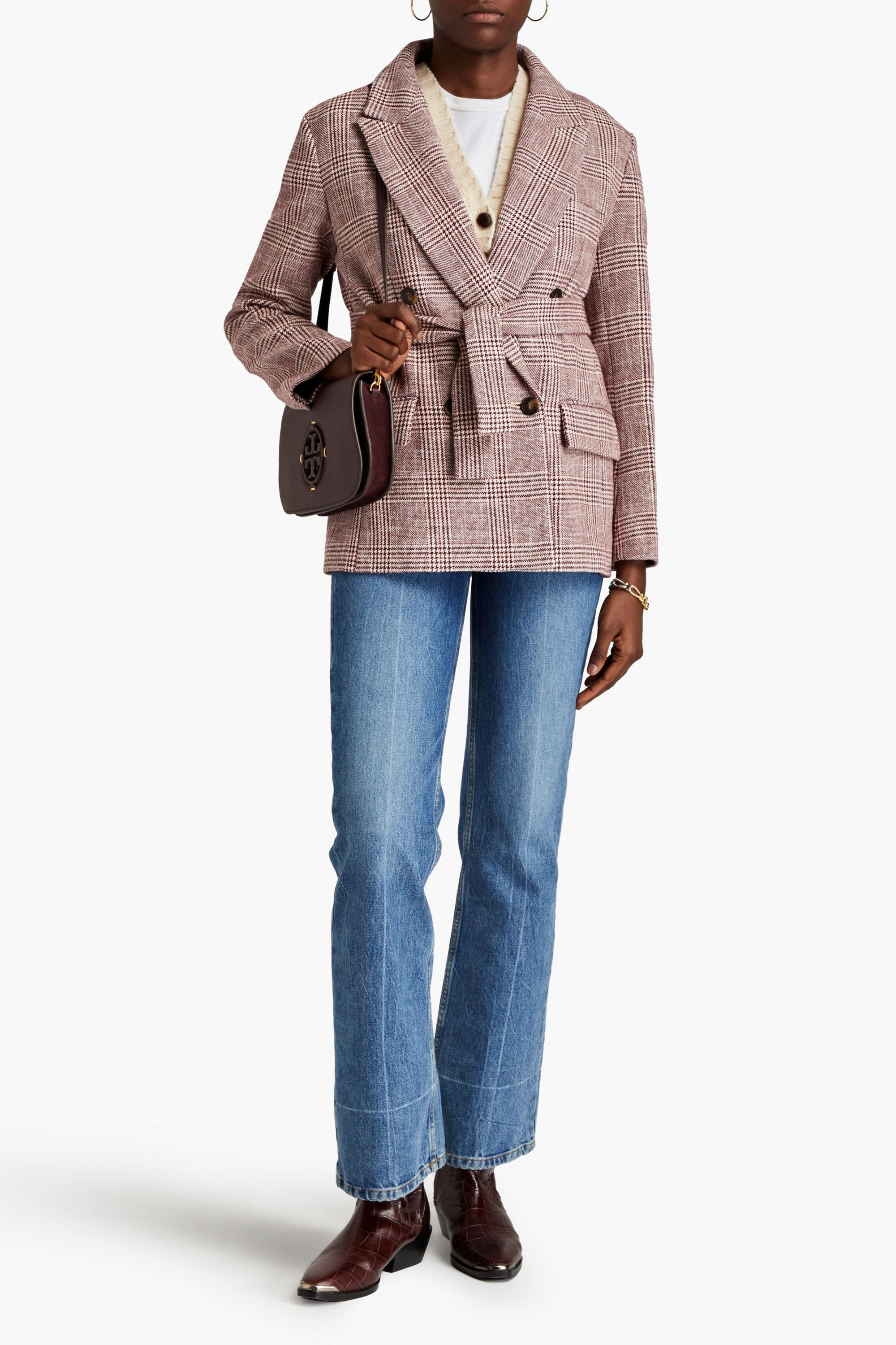 MAJE Double-breasted Prince of Wales checked cotton-blend tweed blazer