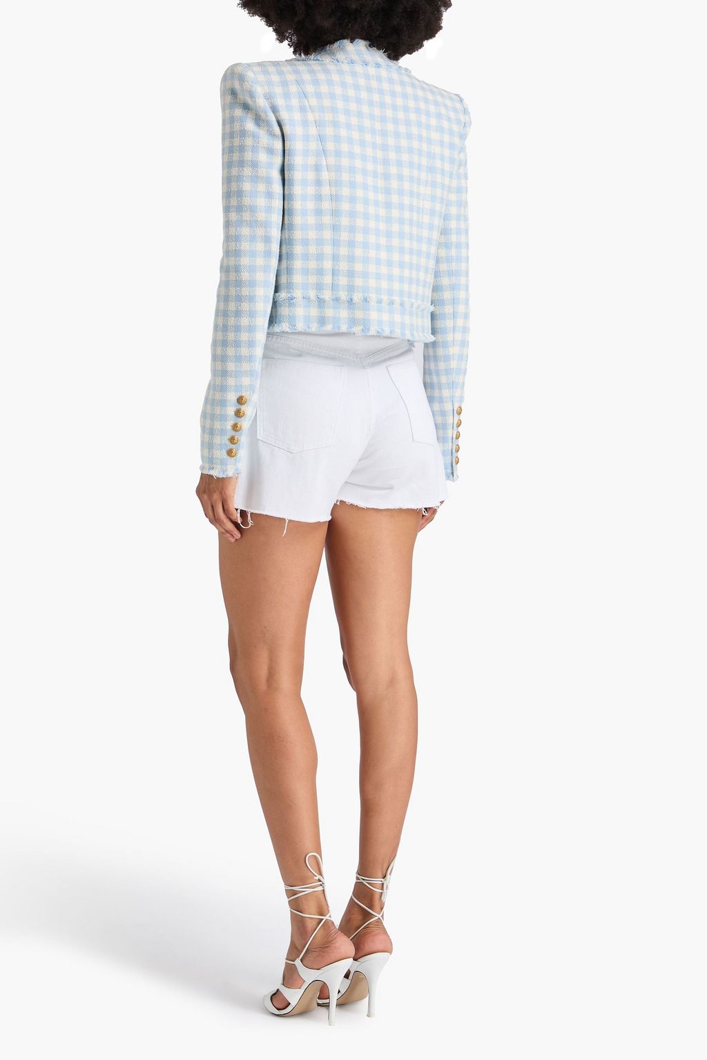 BALMAIN Jacke aus Bouclé-Tweed mit Fransen und Gingham-Karo