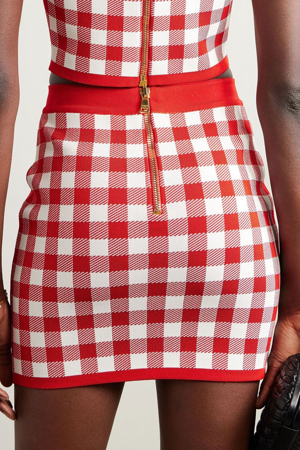 BALMAIN Button-embellished gingham jacquard-knit mini skirt