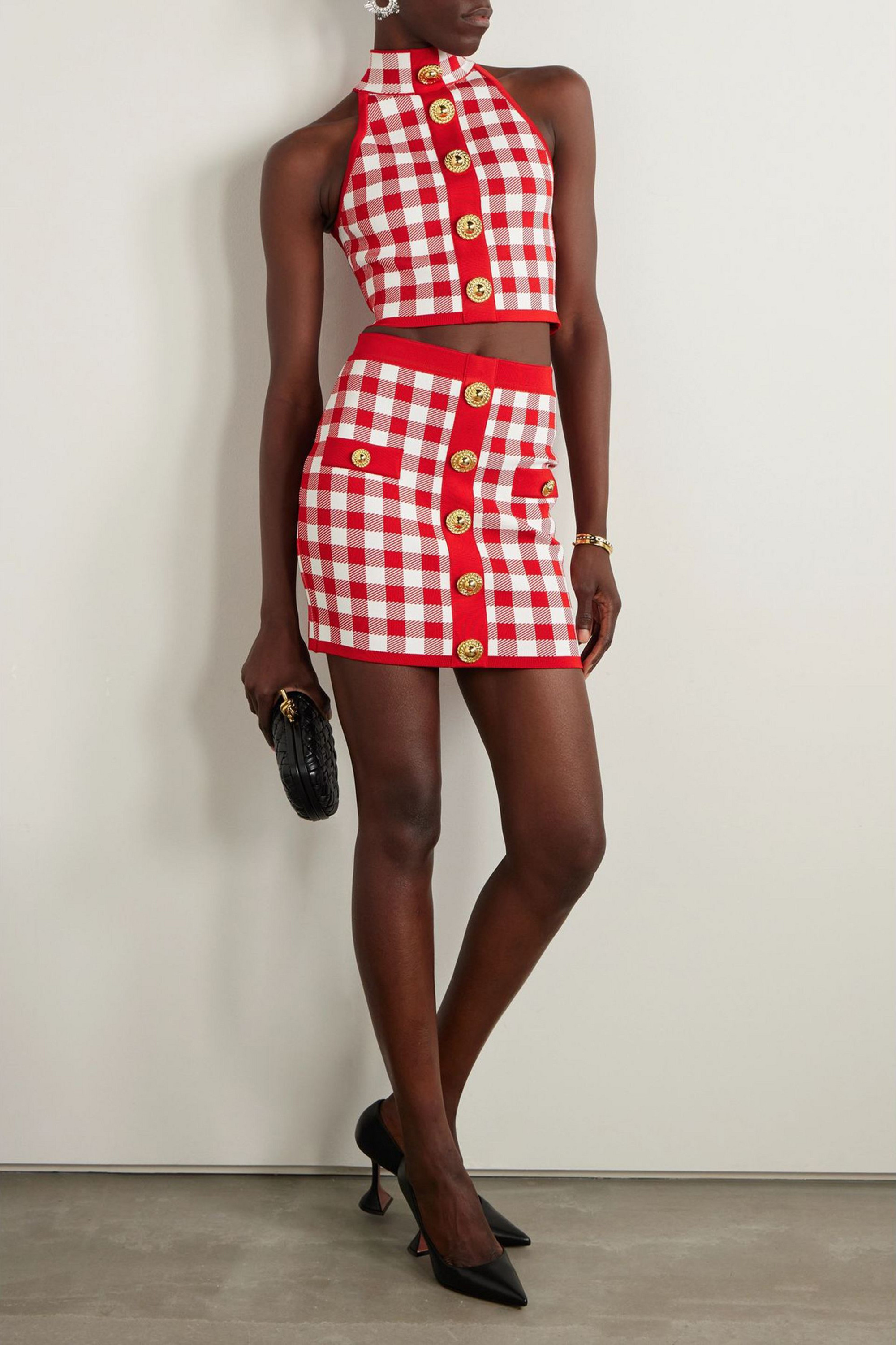 Balmain Button-embellished gingham jacquard-knit mini skirt