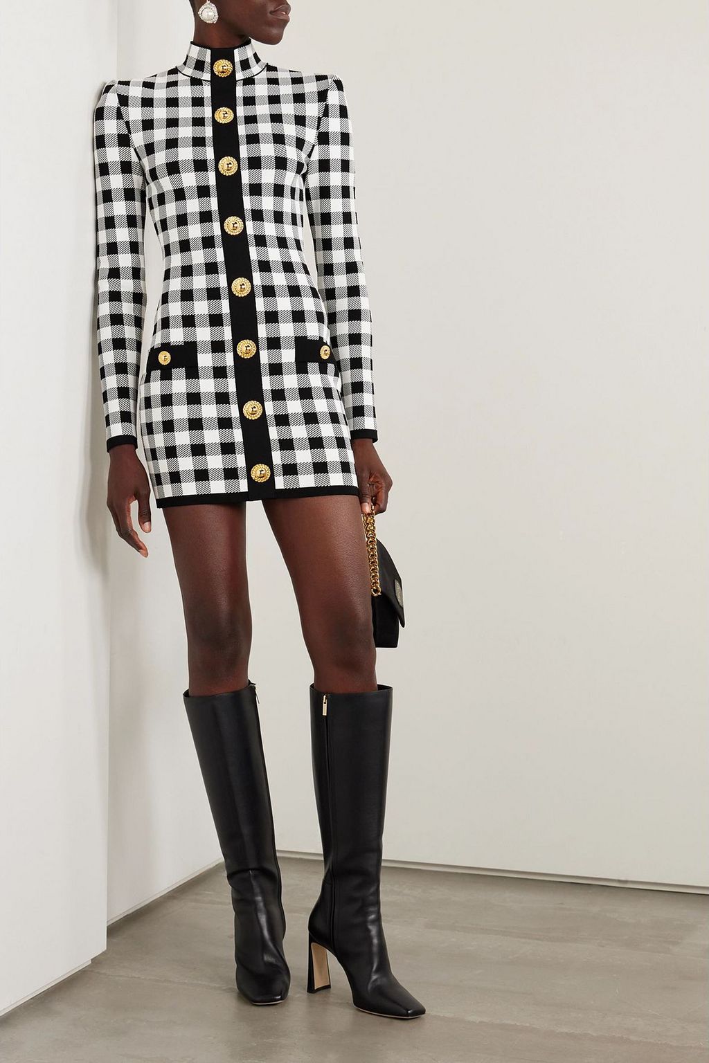 BALMAIN Button-embellished gingham jacquard-knit mini dress