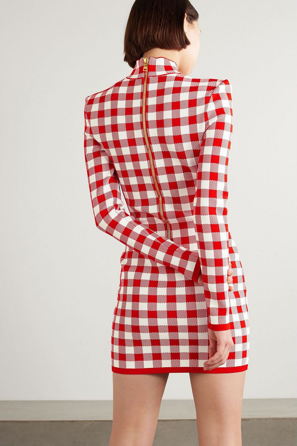 BALMAIN Button-embellished gingham jacquard-knit mini dress