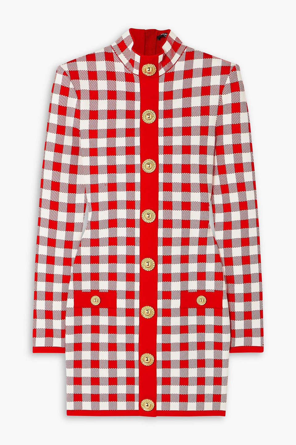 Balmain Button-embellished Gingham Jacquard-knit Mini Dress In Red