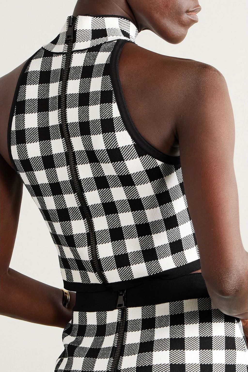 BALMAIN Cropped button-embellished gingham knitted top