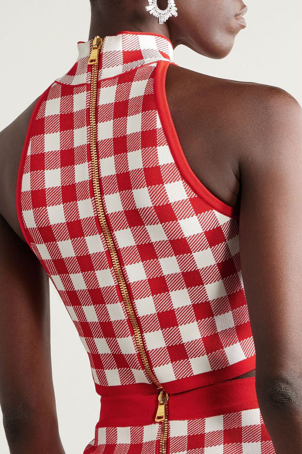 BALMAIN Cropped button-embellished gingham knitted top