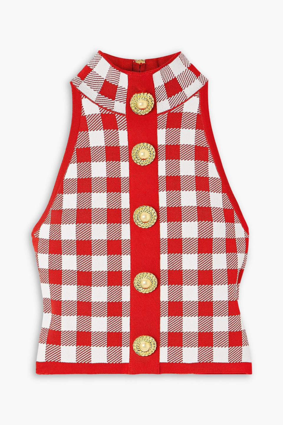 balmain - cropped button-embellished gingham knitted top - red - fr 42