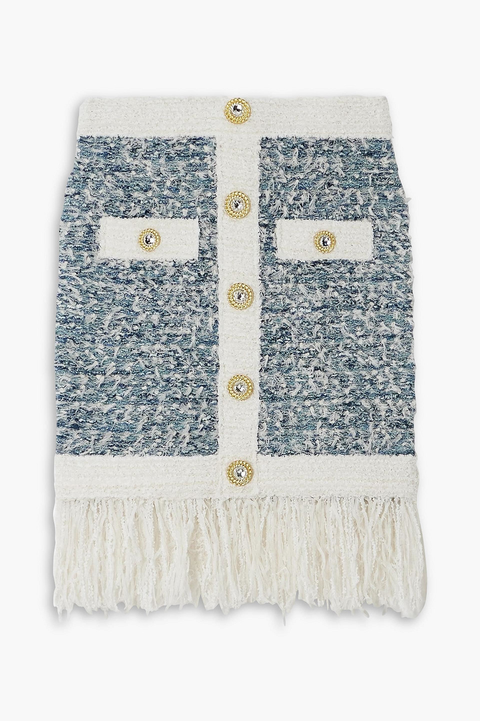 balmain - frayed button-embellished tweed mini skirt - blue - fr 40