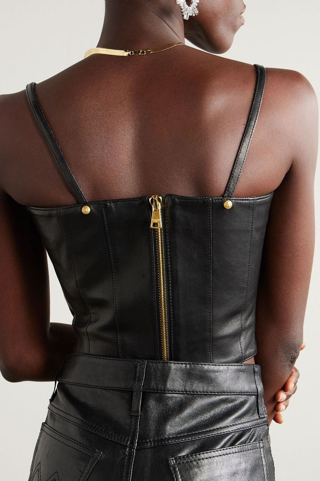 BALMAIN Cropped embellished leather bustier top