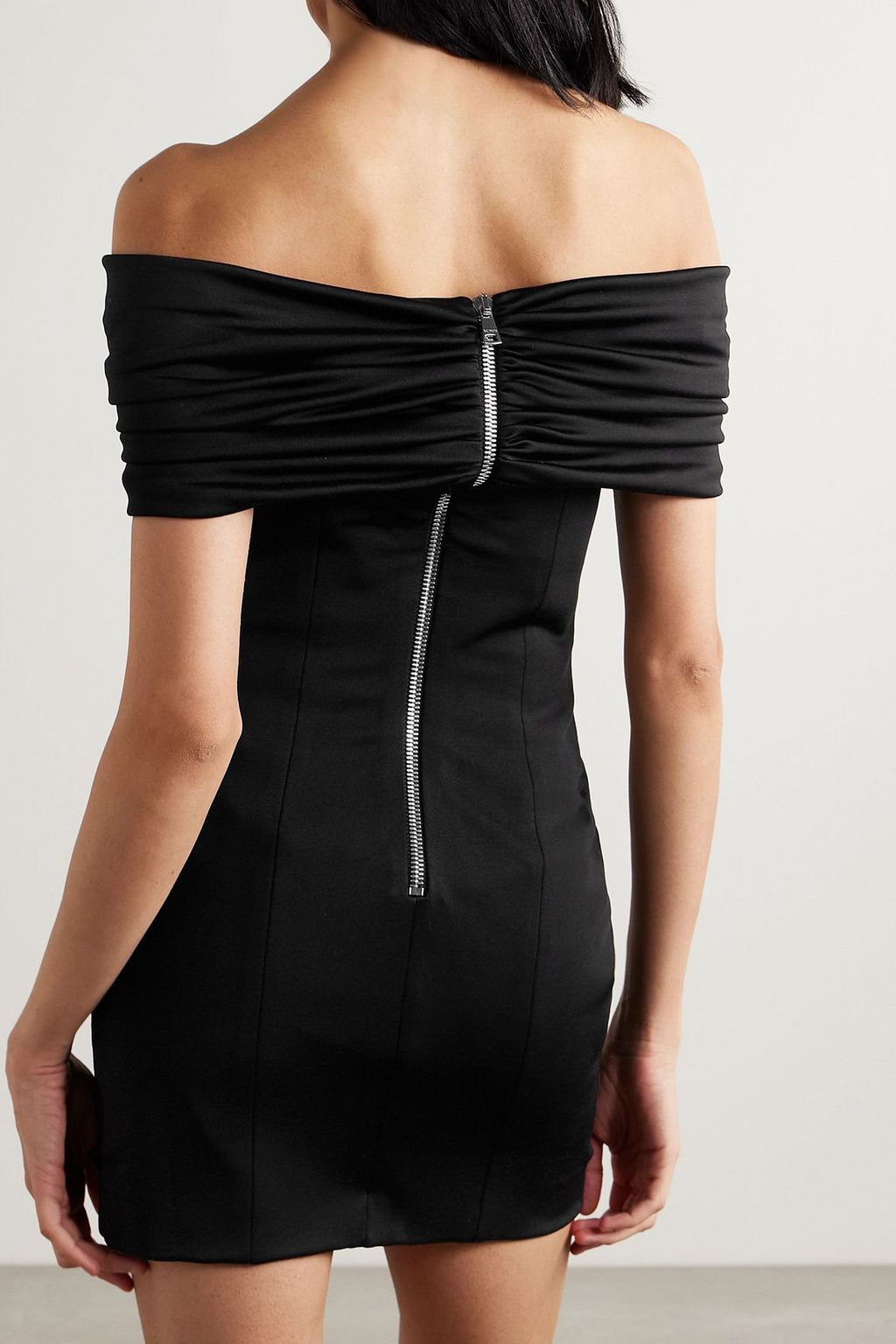 BALMAIN Off-the-shoulder embellished ruched jersey and cady mini dress