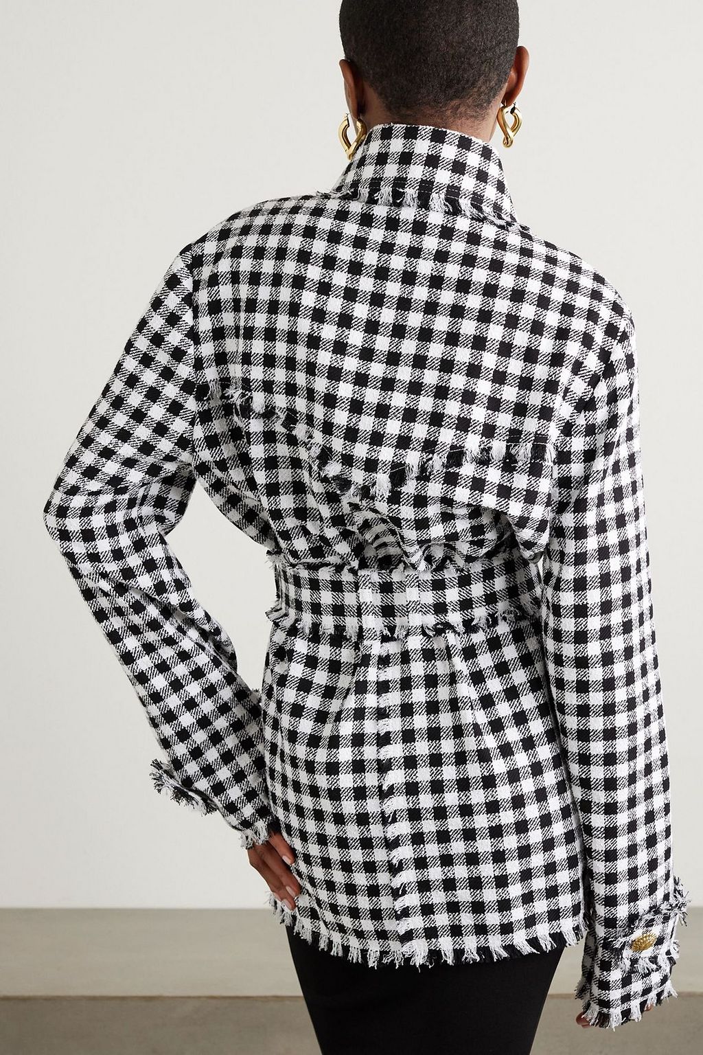 BALMAIN Belted frayed checked cotton-blend tweed shirt jacket