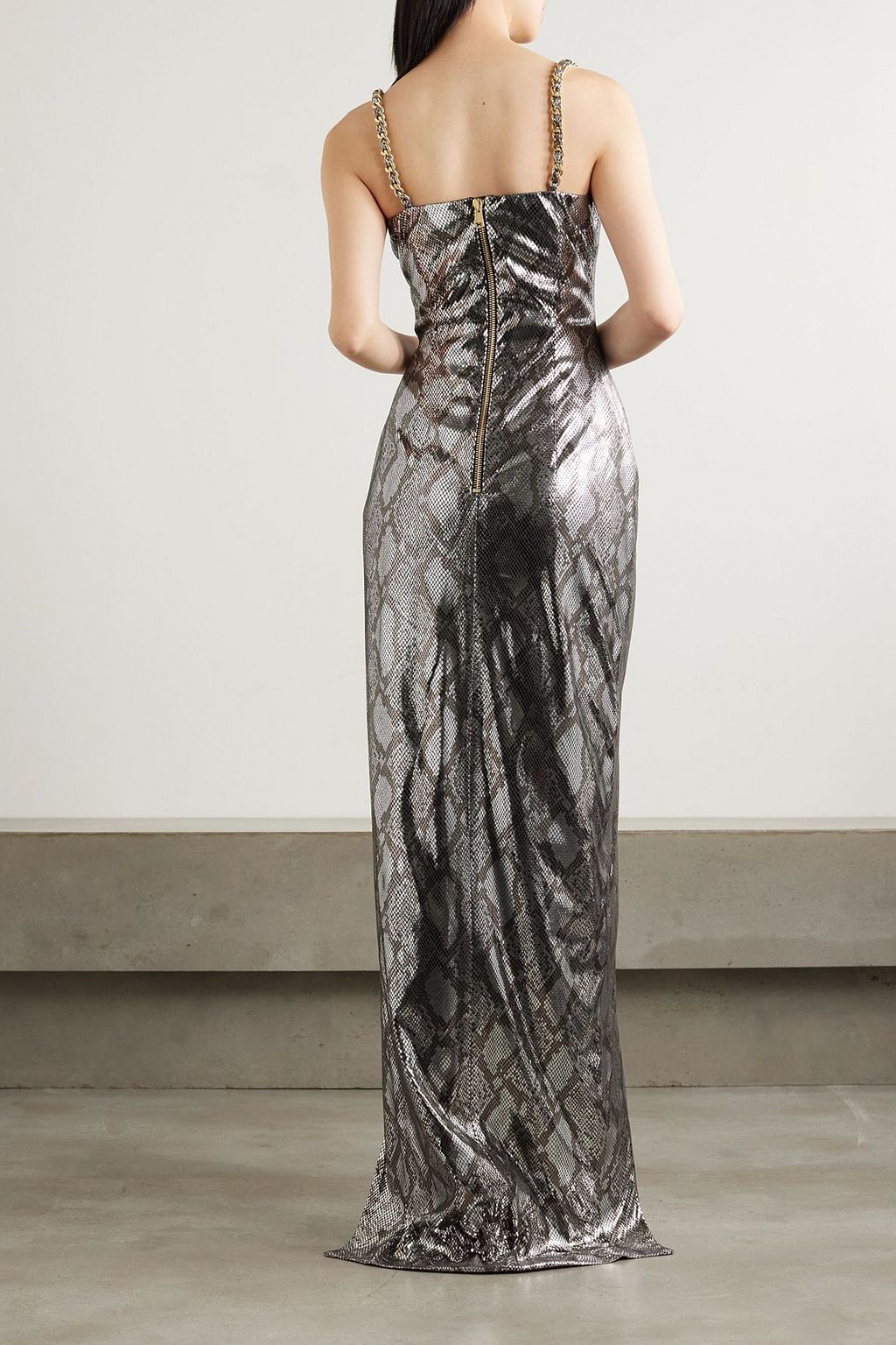 BALMAIN Chain-embellished snake-print metallic coated faux leather maxi dress