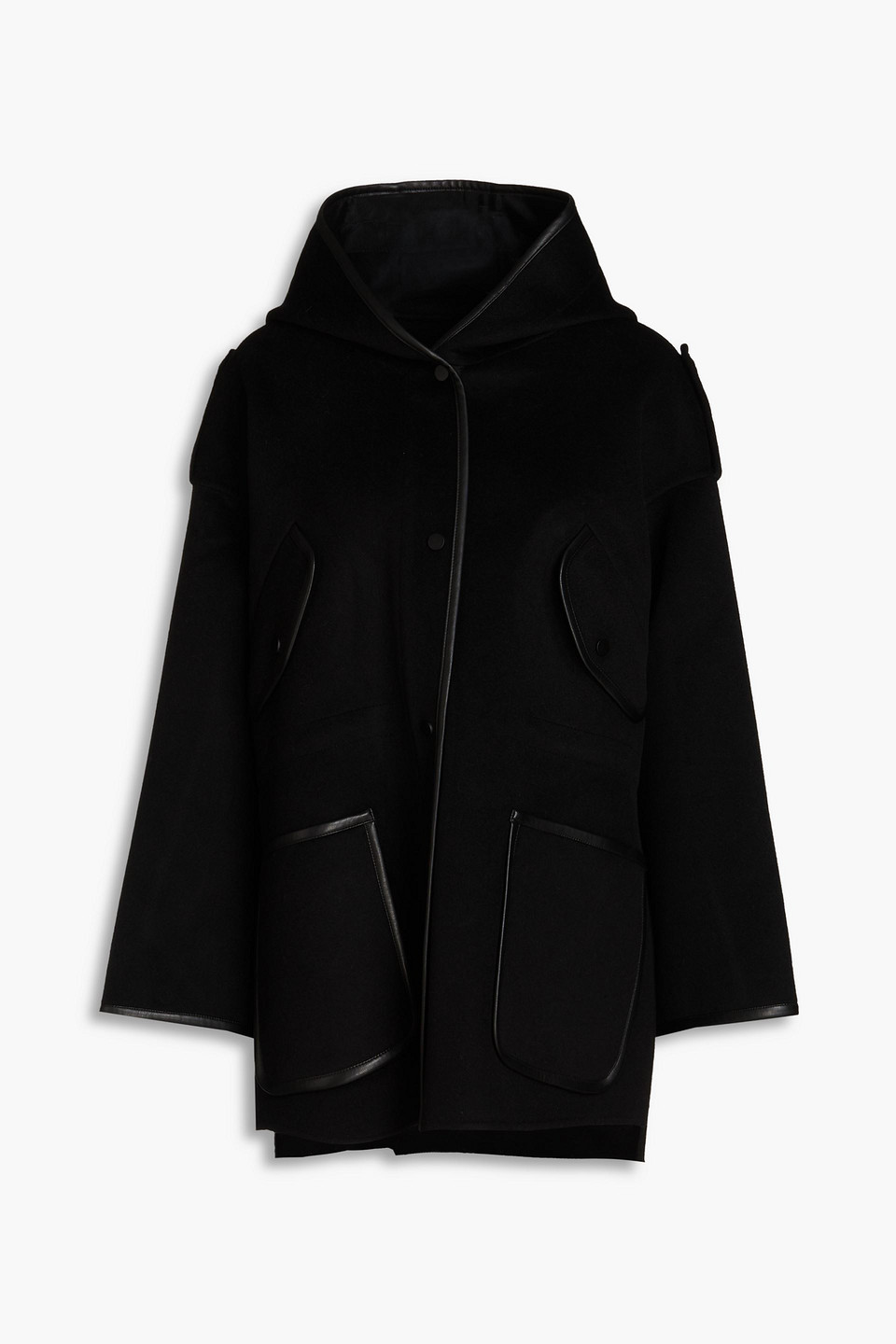 Maje Faux Leather-trimmed Felt Hooded Jacket In Black