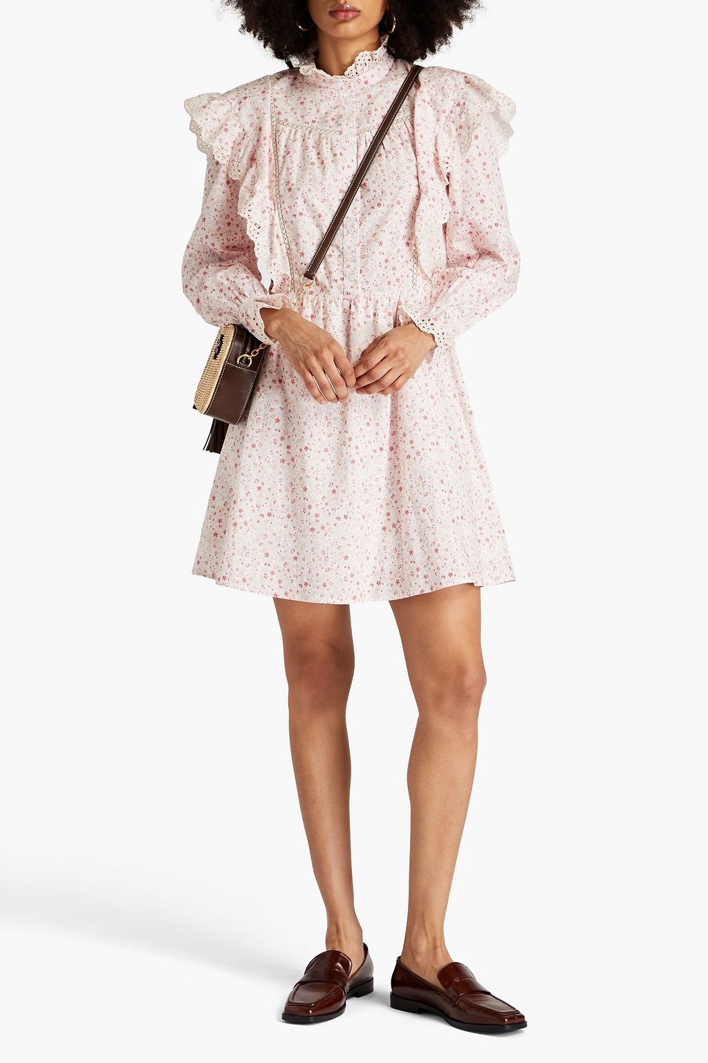 CLAUDIE PIERLOT Ruffle-trimmed floral-print cotton shirt dress