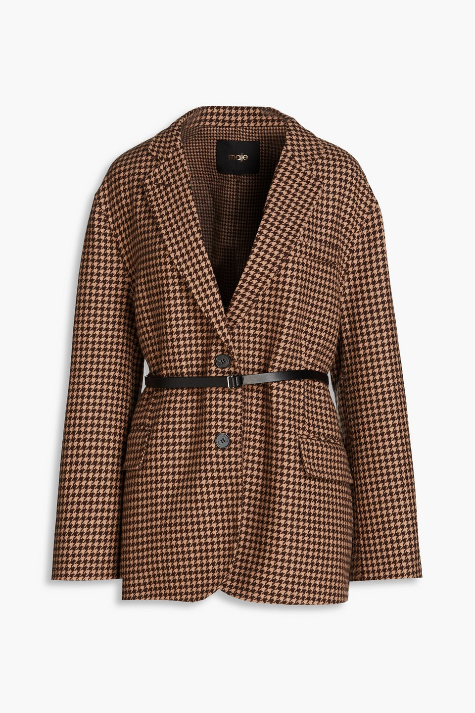 Maje Galarom Belted Houndstooth Wool-blend Blazer In Dark Brown