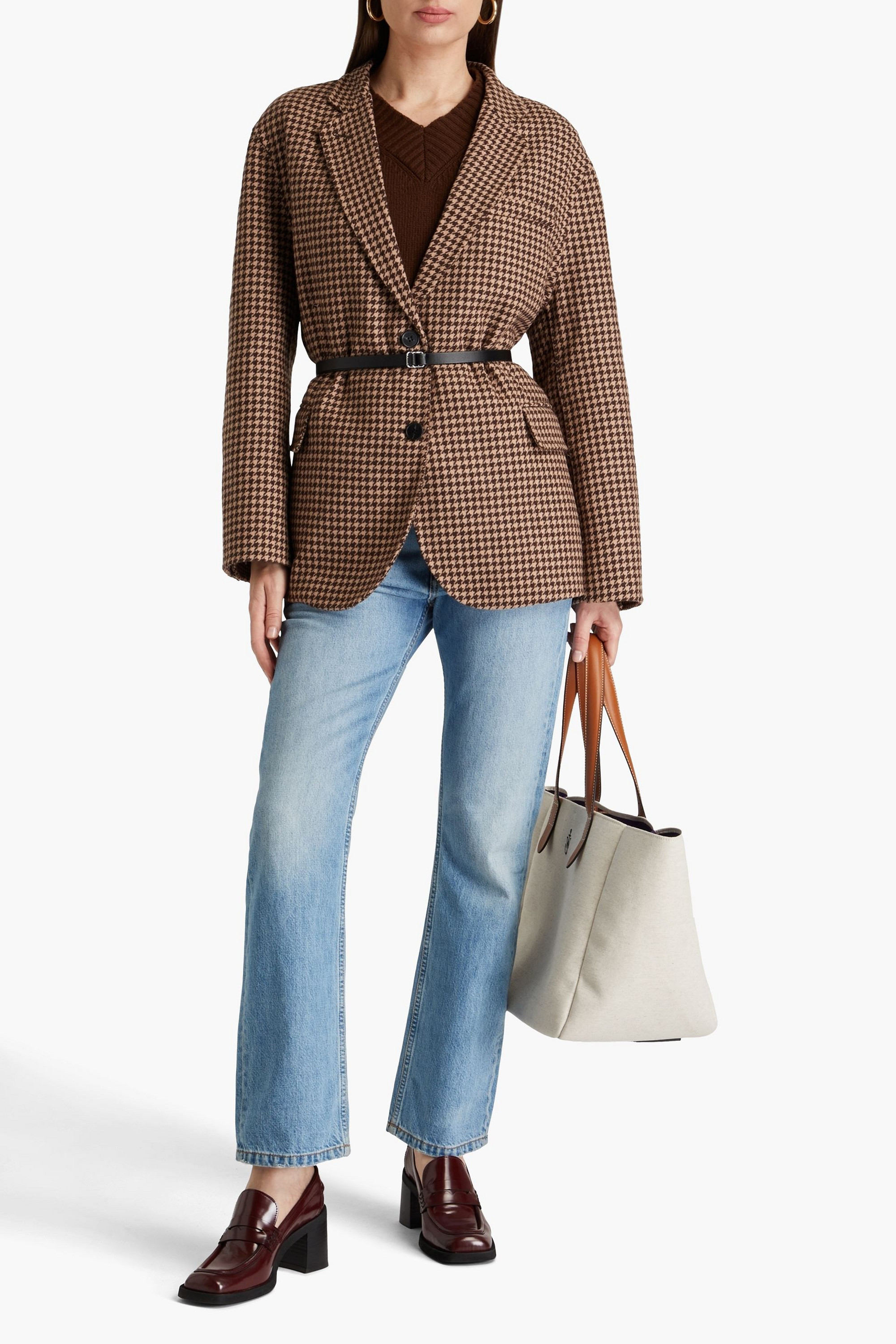 MAJE Belted houndstooth wool-blend blazer