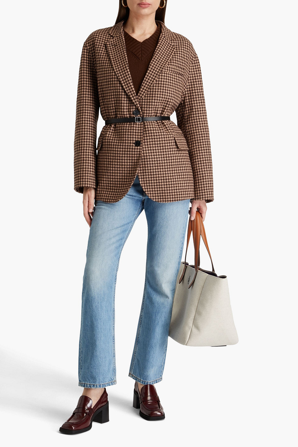 MAJE BELTED HOUNDSTOOTH WOOL-BLEND BLAZER