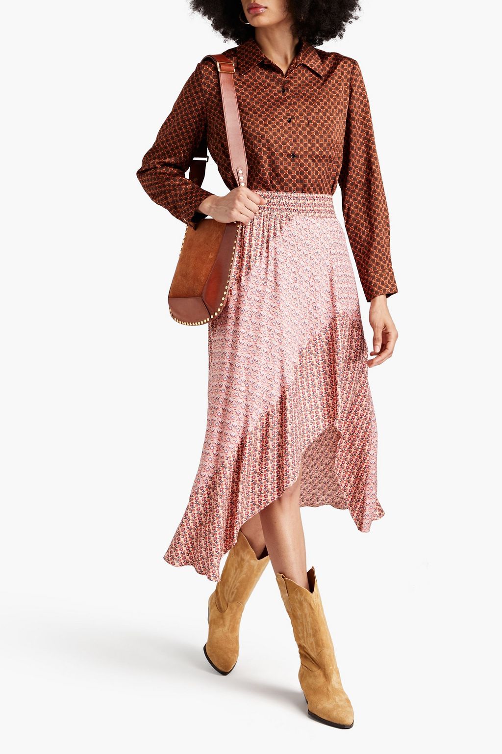 MAJE Patchwork-effect floral-print twill midi skirt