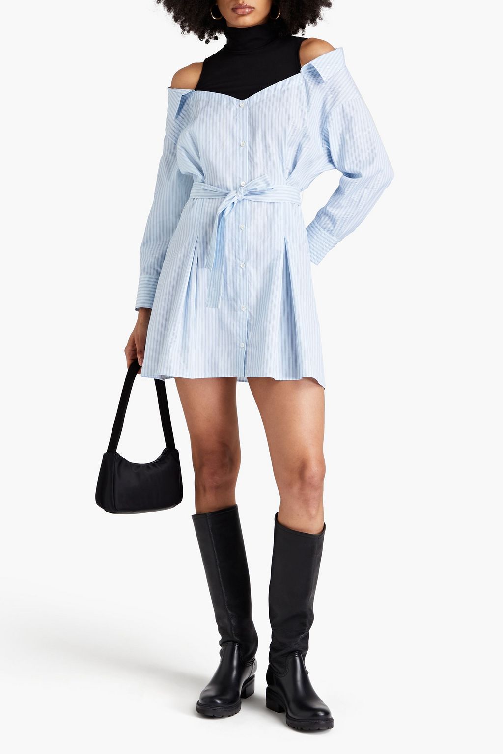 MAJE Jersey-paneled striped cotton-poplin mini dress