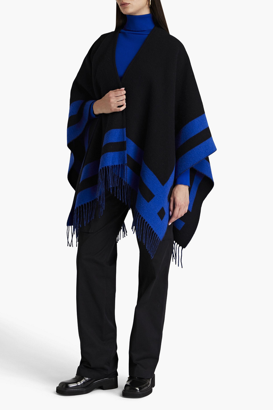 Shop Rag & Bone Highlands Fringed Striped Wool-blend Jacquard Poncho In Hellblau