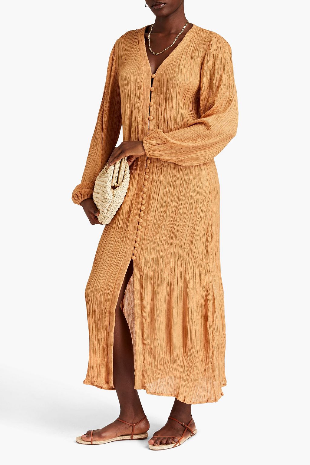 SAVANNAH MORROW Crinkled bamboo and silk-blend midi shirt dress
