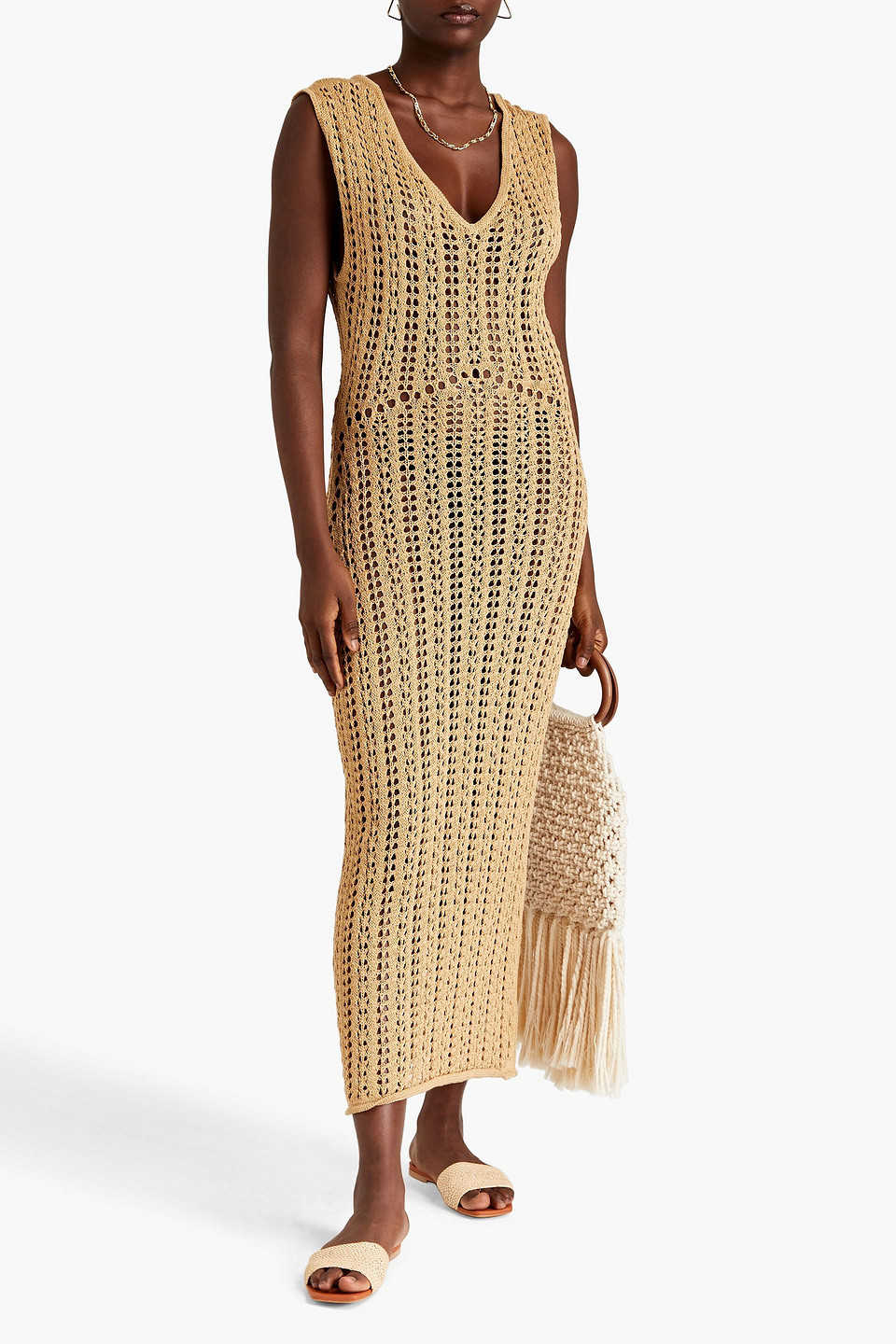 Shop Savannah Morrow Tallara Pointelle-knit Pima Cotton Midi Dress In Sand