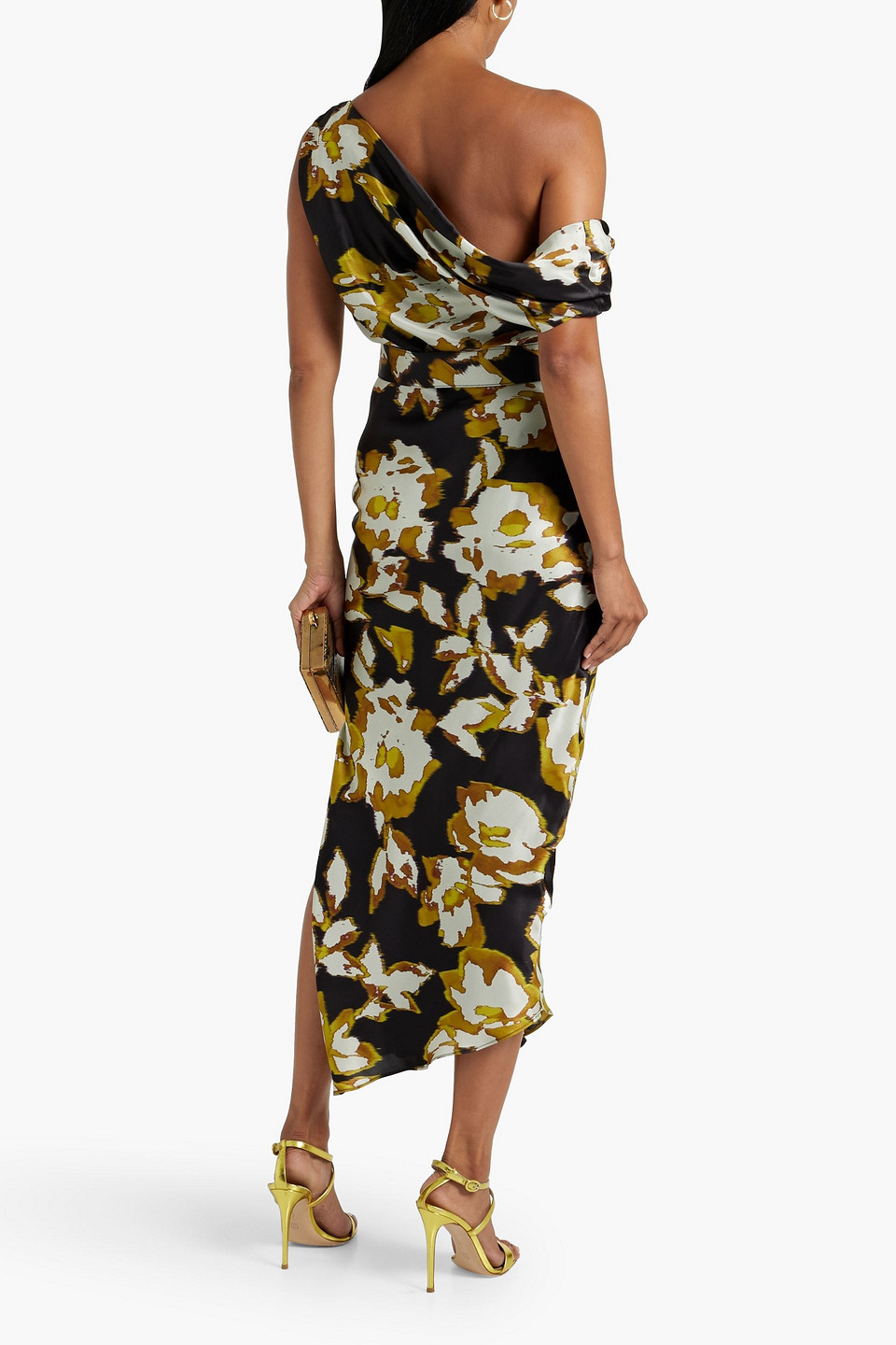 Nicholas One-shoulder Printed Satin Midi Dress In Mustard