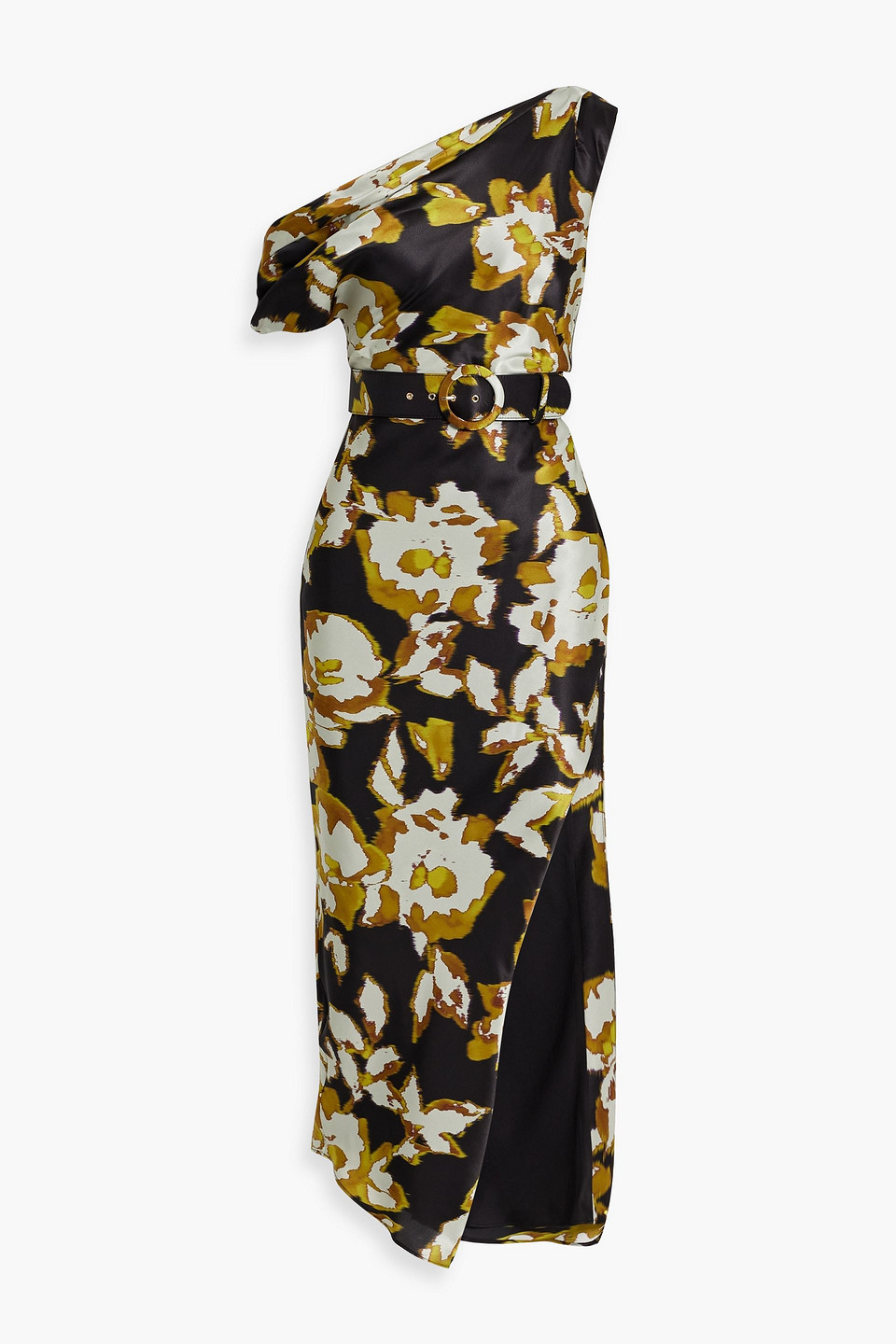 Nicholas One-shoulder Printed Satin Midi Dress In Mustard