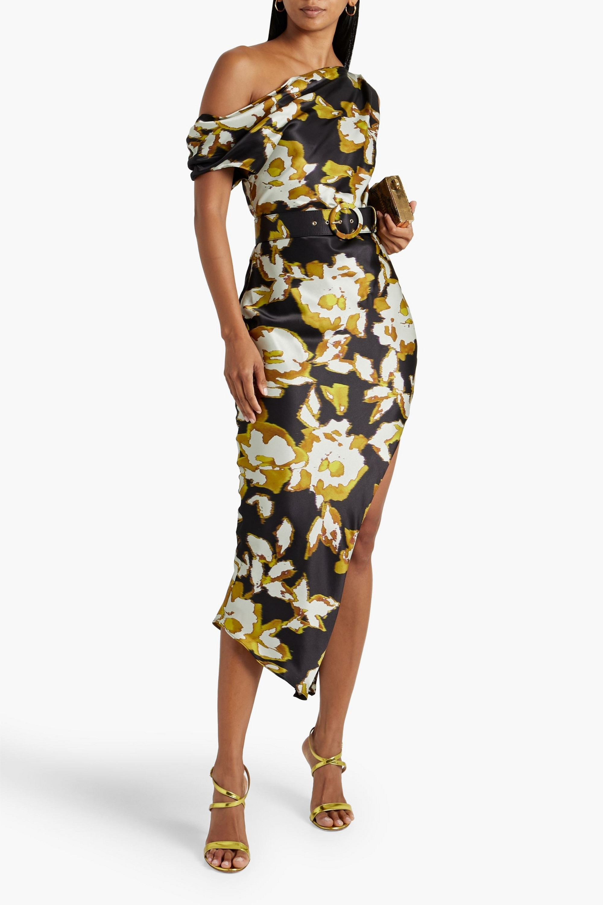 NICHOLAS One-shoulder printed satin midi dress